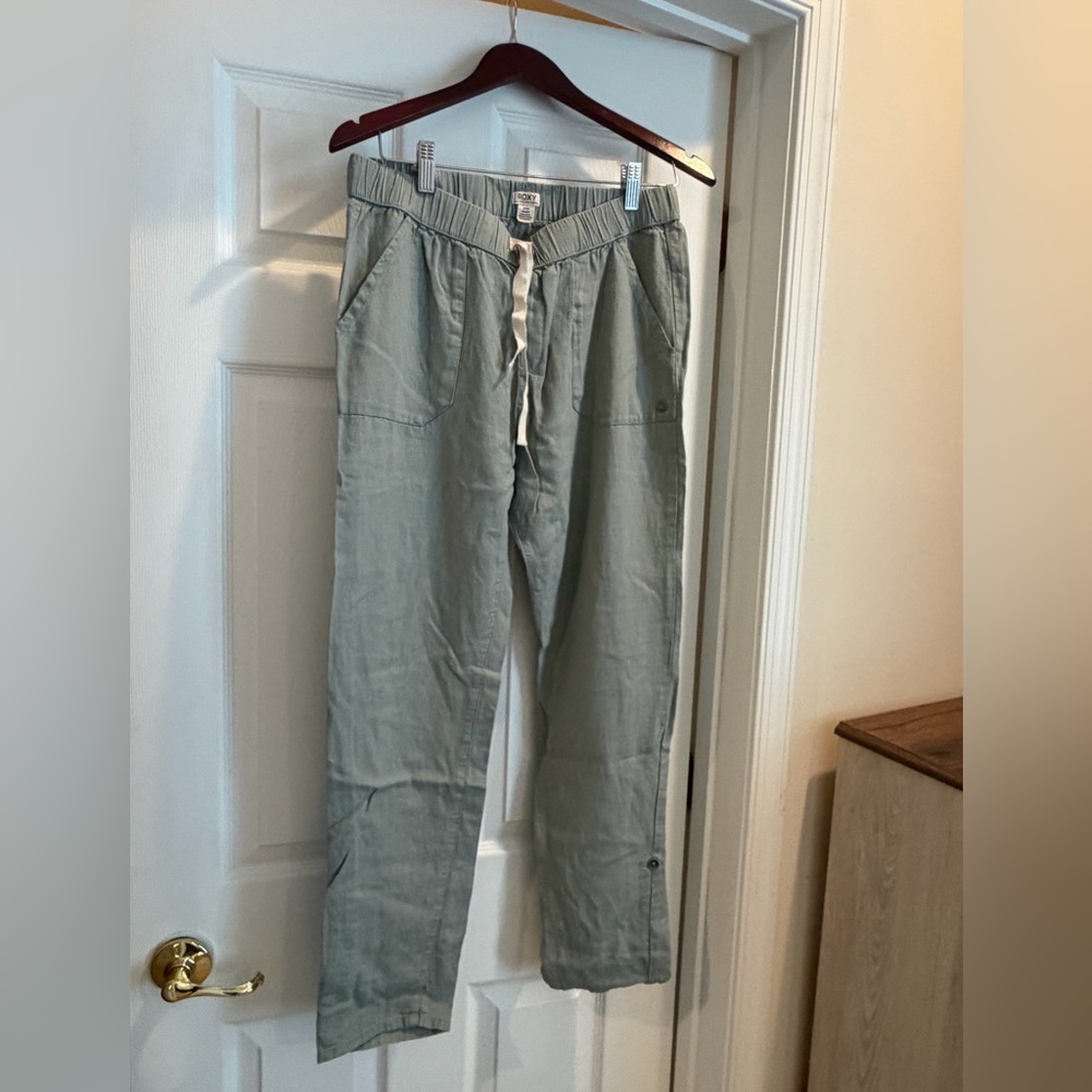 Roxy Womens Sage Green Drawstring Linen Pants